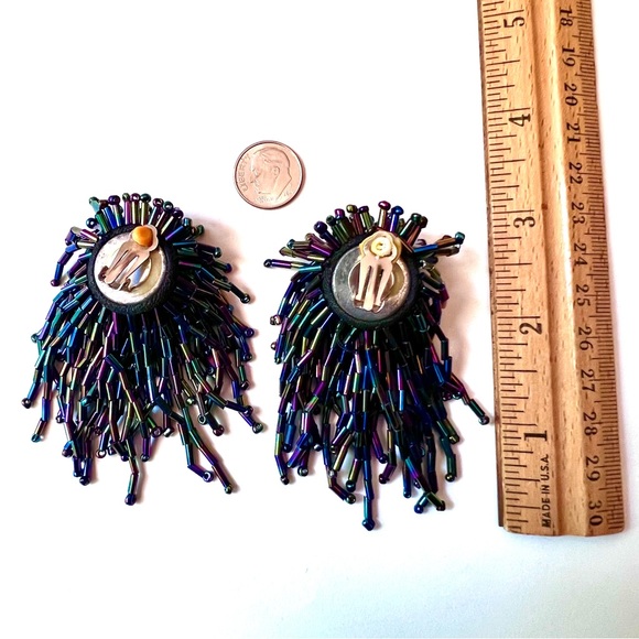 Vintage Fringe Earrings Clips Starburst Dangle Beaded Iridescent Peacock Mermaid - Picture 5 of 7